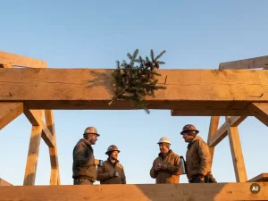 Bouwvakkers in helmen vieren het hoogste punt van een houtskeletbouw met een groene tak op de nokbalk, in warm middaglicht.