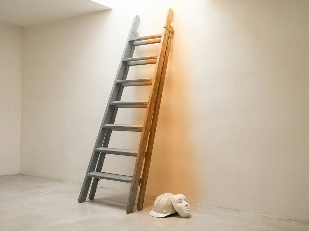 Houten ladder tegen een muur, half grijs en half warm amber, met een bouwhelm en theatermasker aan de voet.