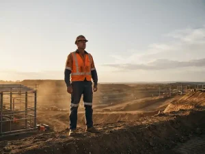 Infrastructuurwerker in oranje veiligheidsvest staat zelfverzekerd op een bouwplaats tijdens het gouden uur, met een open lucht op de achtergrond.