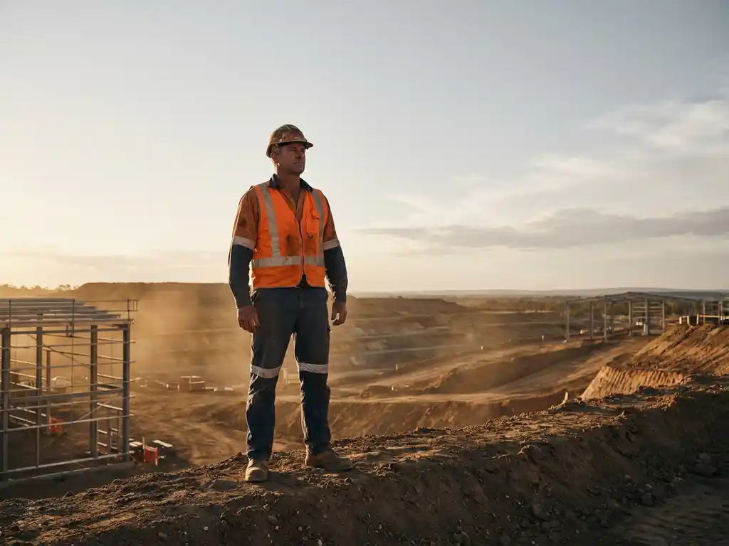 Infrastructuurwerker in oranje veiligheidsvest staat zelfverzekerd op een bouwplaats tijdens het gouden uur, met een open lucht op de achtergrond.