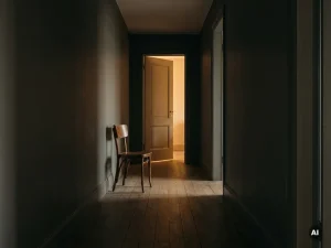 Lege houten stoel in stille gang met warm gouden licht dat door een open deur aan het einde valt.
