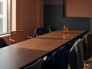 Lege stoel geschoven van vergadertafel, omringd door bezette stoelen met jassen, warme terracotta tinten en lange schaduwen op houten oppervlak.
