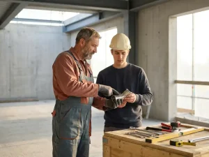 Ervaren monteur in overall begeleidt leerling bij inspectie van pijpfitting op bouwplaats, gereedschap netjes gerangschikt.