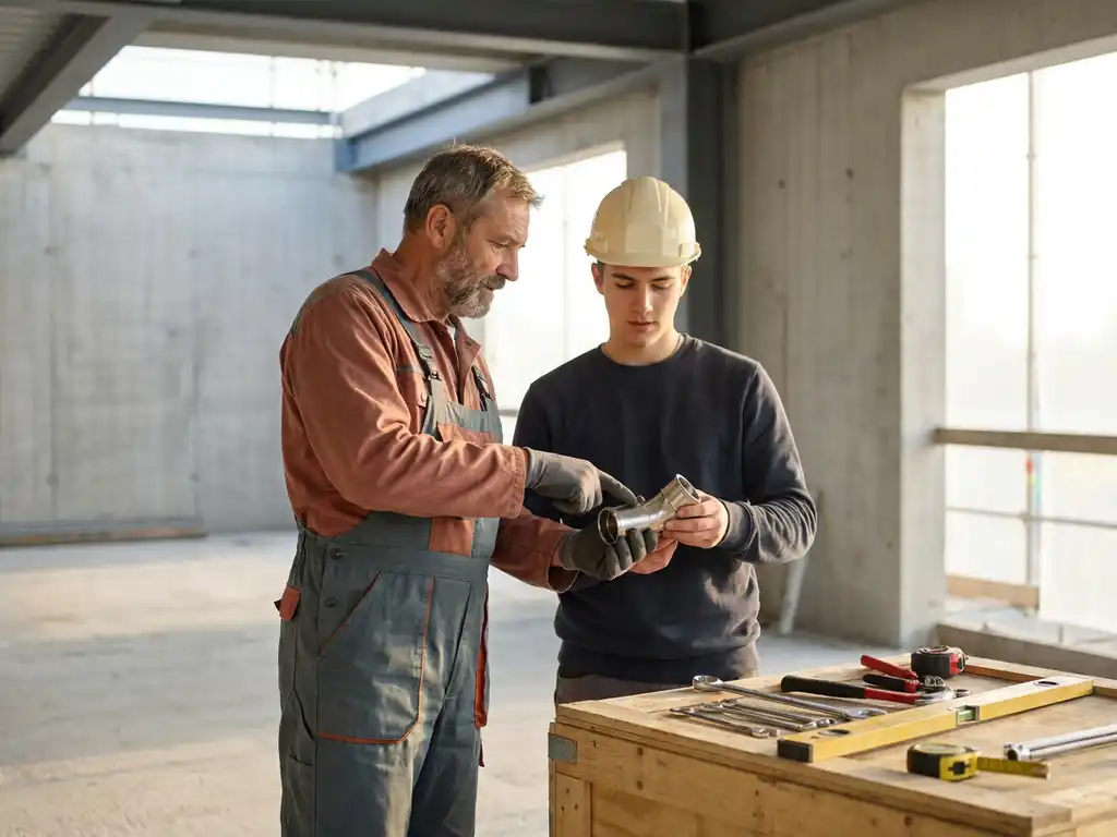 Ervaren monteur in overall begeleidt leerling bij inspectie van pijpfitting op bouwplaats, gereedschap netjes gerangschikt.