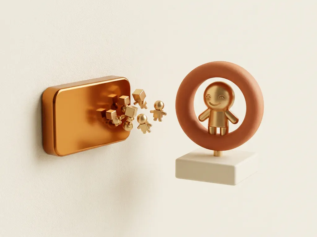 Magneet trekt gouden figuurtjes aan terwijl één omringd figuur zelfverzekerd op zijn plek blijft, op een crèmekleurig oppervlak.