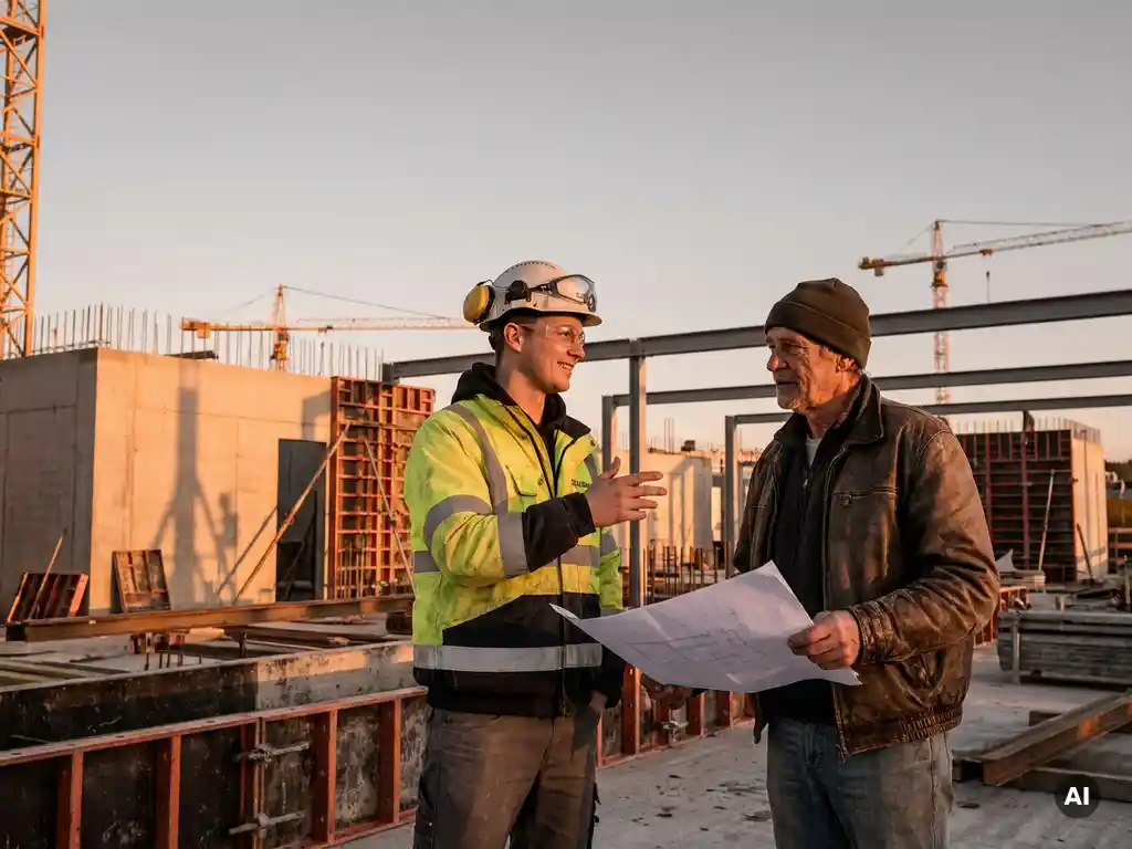 Jonge bouwvakker in veiligheidsuitrusting in gesprek met ervaren vakman op bouwplaats tijdens gouden uursbelichting.