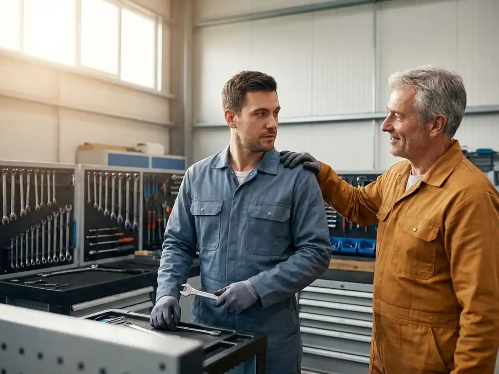 Ervaren collega legt bemoedigende hand op schouder van jonge technicus in moderne werkplaats met gereedschap op achtergrond.