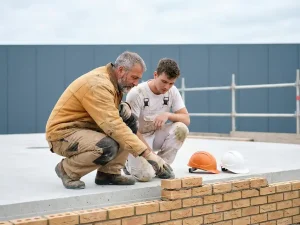 Ervaren bouwopzichter en jongere vakman inspecteren samen vers gemetseld metselwerk op een bouwplaats.