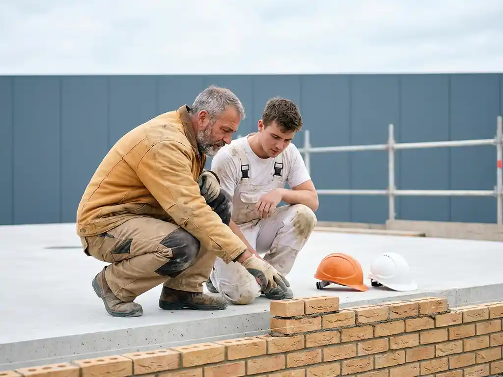 Ervaren bouwopzichter en jongere vakman inspecteren samen vers gemetseld metselwerk op een bouwplaats.