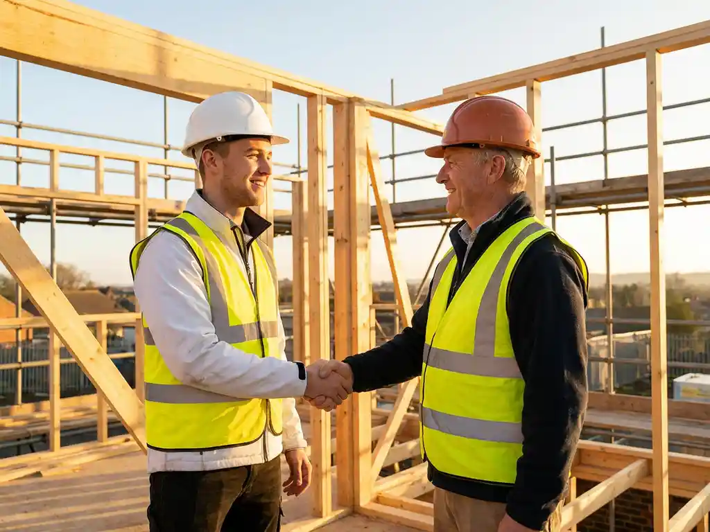 Nieuwe bouwvakker met helm wordt verwelkomd op zonnige bouwplaats door ervaren collega, omgeven door steigers en houten frames.