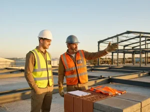 Nieuwe bouwvakker met witte helm begroet door ervaren collega op bouwplaats, clipboard en veiligheidsvest op beton in ochtendlicht.