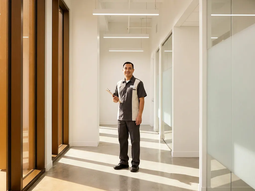Facilitair medewerker in schoon uniform met klembord in moderne, lichte gebouwgang met geometrische architectuur.