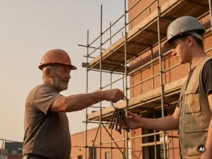 Ervaren bouwvakker in helm overhandigt zware ijzeren sleutels aan jongere collega op bouwplaats met steigers op de achtergrond.