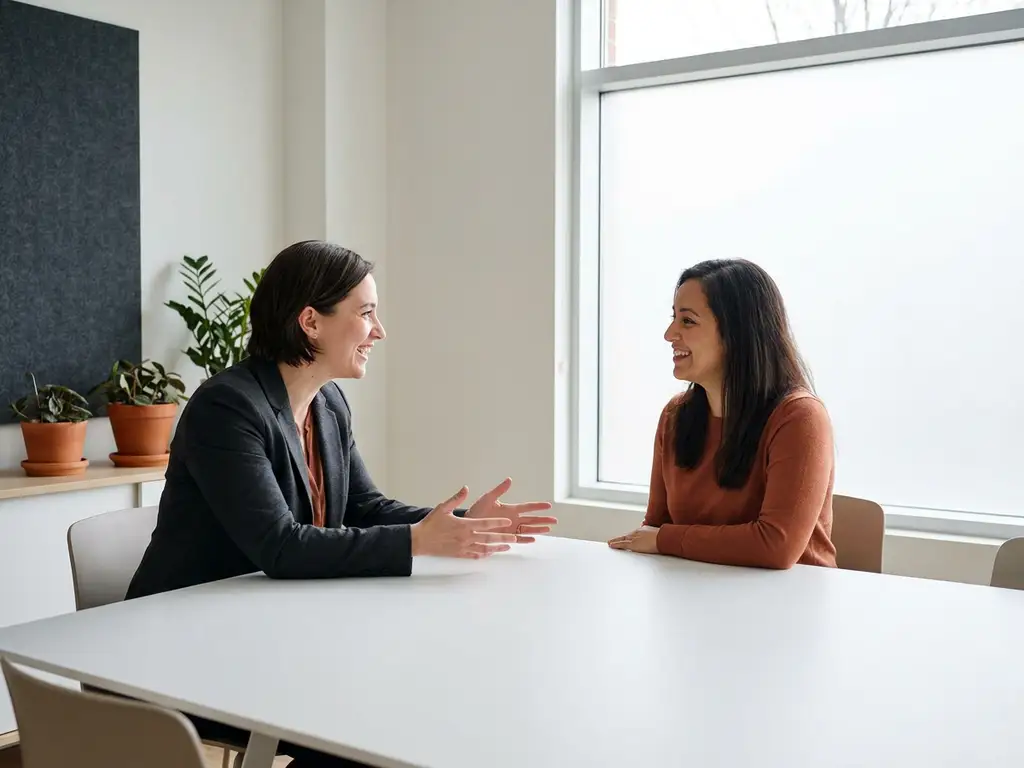 Twee professionals in gesprek aan een witte tafel, één leunt voorover met open gebaren, in een moderne trainingsruimte met natuurlijk licht.