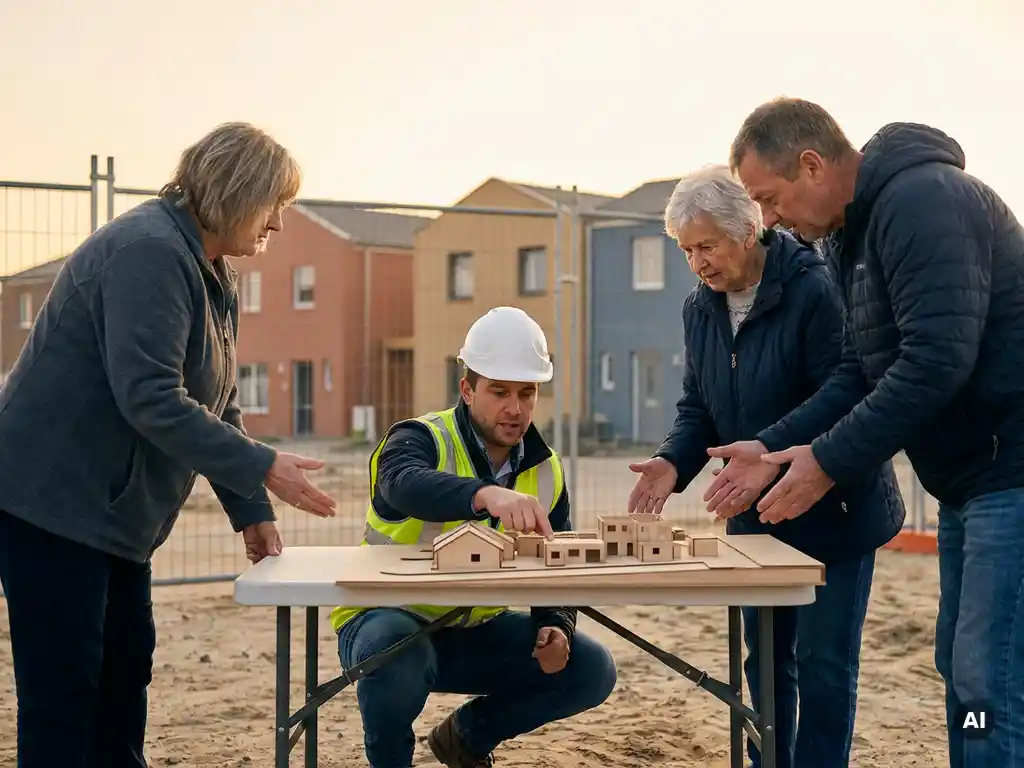 Projectmanager en buurtbewoners bekijken samen een schaalmodel van een bouwproject aan een klaptafel buiten, in warm middaglicht.