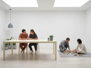 Twee mensen aan weerszijden van een minimalistische tafel, één in gesprek, de ander met houten blokken in een rustige witte werkruimte.