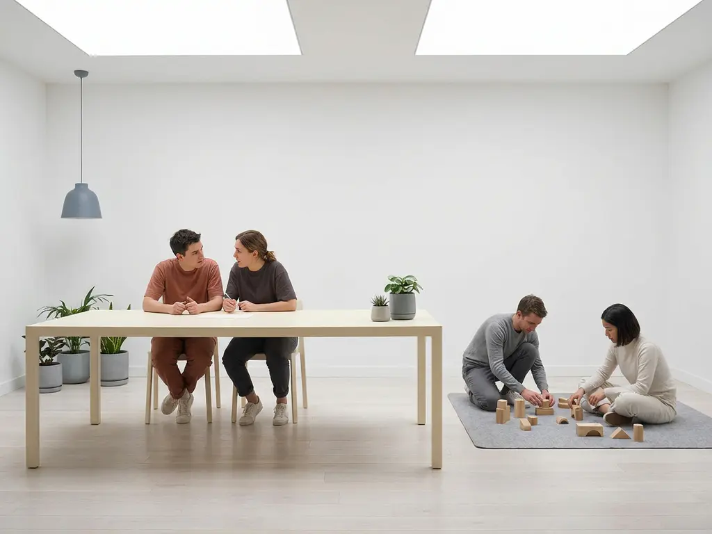 Twee mensen aan weerszijden van een minimalistische tafel, één in gesprek, de ander met houten blokken in een rustige witte werkruimte.