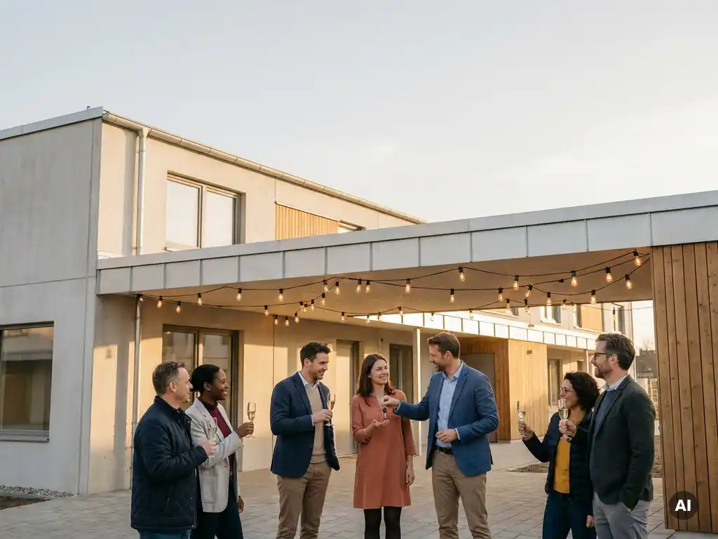 Bewoners ontvangen sleutels bij ingang van nieuw modern appartementengebouw, champagneglazen in hand, gouden-uurglow en sfeerlichten.