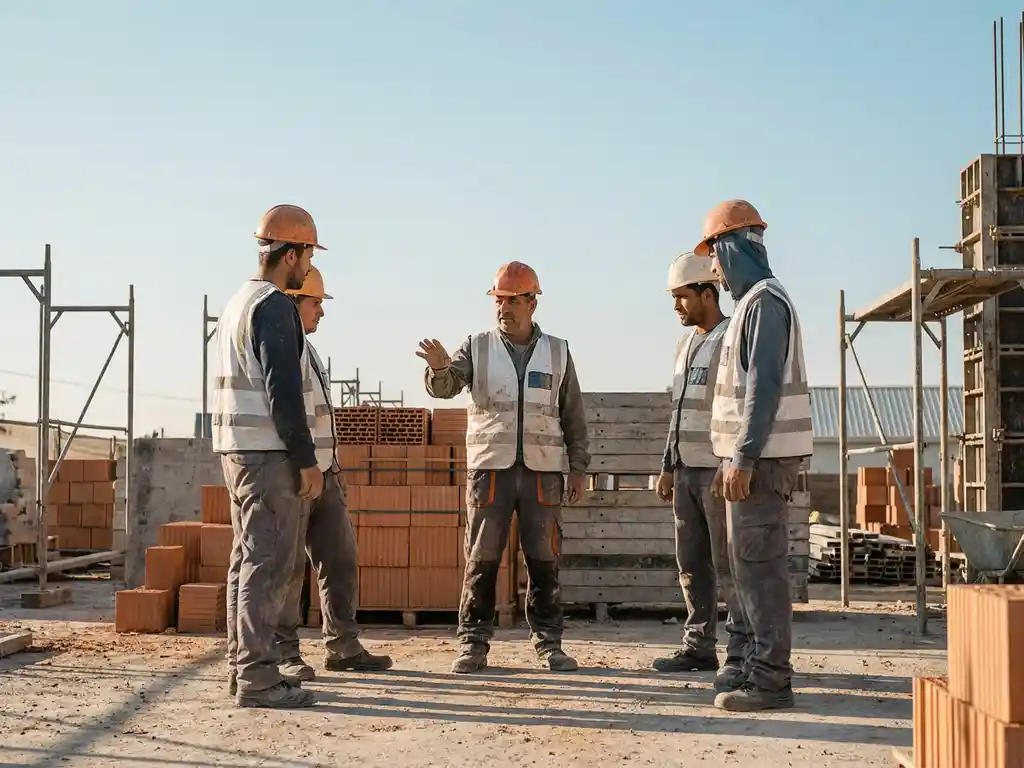 Uitvoerder in oranje veiligheidsvestje leidt een rustig werkoverleg met bouwploeg op een actieve bouwplaats in gouden middaglicht.
