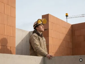 Jonge vakman in werkkleding op bouwplaats, blik omhoog gericht, omgeven door terracotta en betongrijs in zacht zijdelings daglicht.