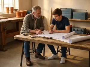 Ervaren vakman en jonge leerling buigen samen over bouwtekeningen op een houten werkbank, omringd door gereedschap, in warm gouden zijlicht.