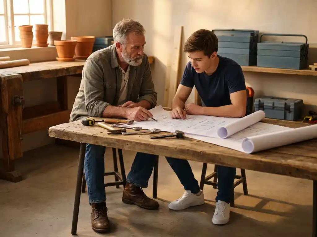 Ervaren vakman en jonge leerling buigen samen over bouwtekeningen op een houten werkbank, omringd door gereedschap, in warm gouden zijlicht.