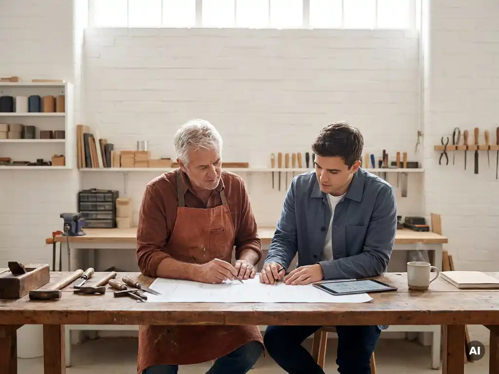 Ervaren vakman en jonge professional bestuderen samen een blauwdruk aan een houten werkbank met gereedschap en tablet.