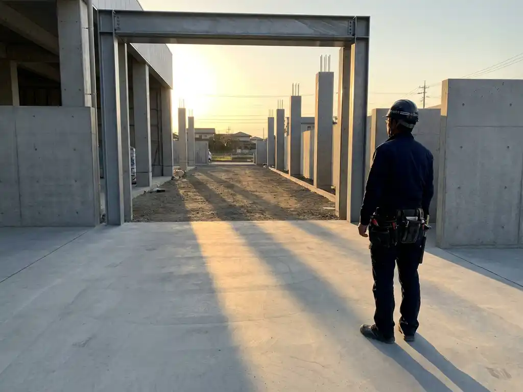 Vakman in werkkleding bij ingang van een bouwlocatie, gouden zijlicht werpt lange schaduwen over betonnen vloer.