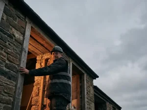 Vakman in werkkleding bij verweerde houten deurpost, kijkend over zijn schouder in warm goudkleurig licht.