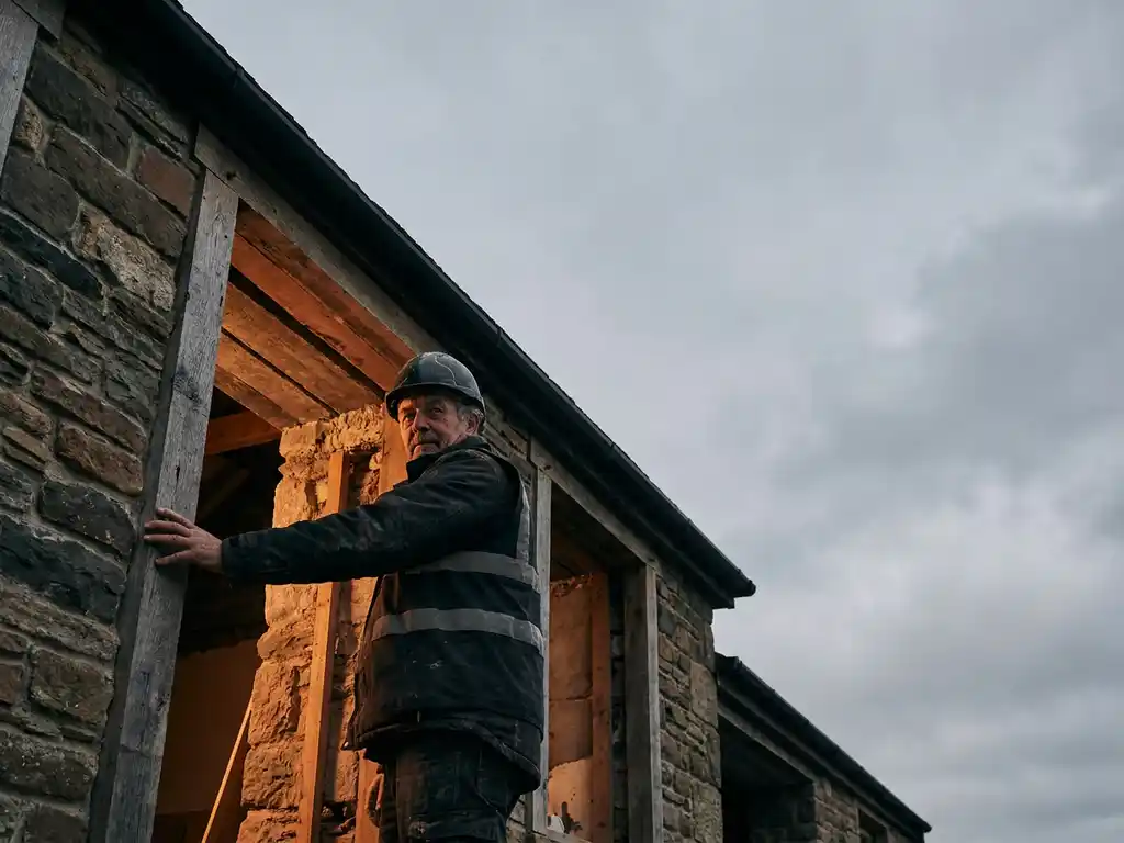 Vakman in werkkleding bij verweerde houten deurpost, kijkend over zijn schouder in warm goudkleurig licht.