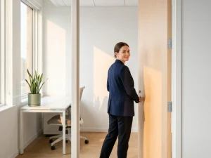 Jonge professional in werkkleding bij een open kantoorvergadering, kijkt terug naar een minimalistische werkplek met groene plant in ochtendlicht.