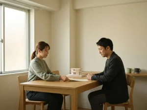 Twee professionals aan een eikenhouten tafel wisselen een document uit, met een architectuurmaquette als gezamenlijk referentiepunt.