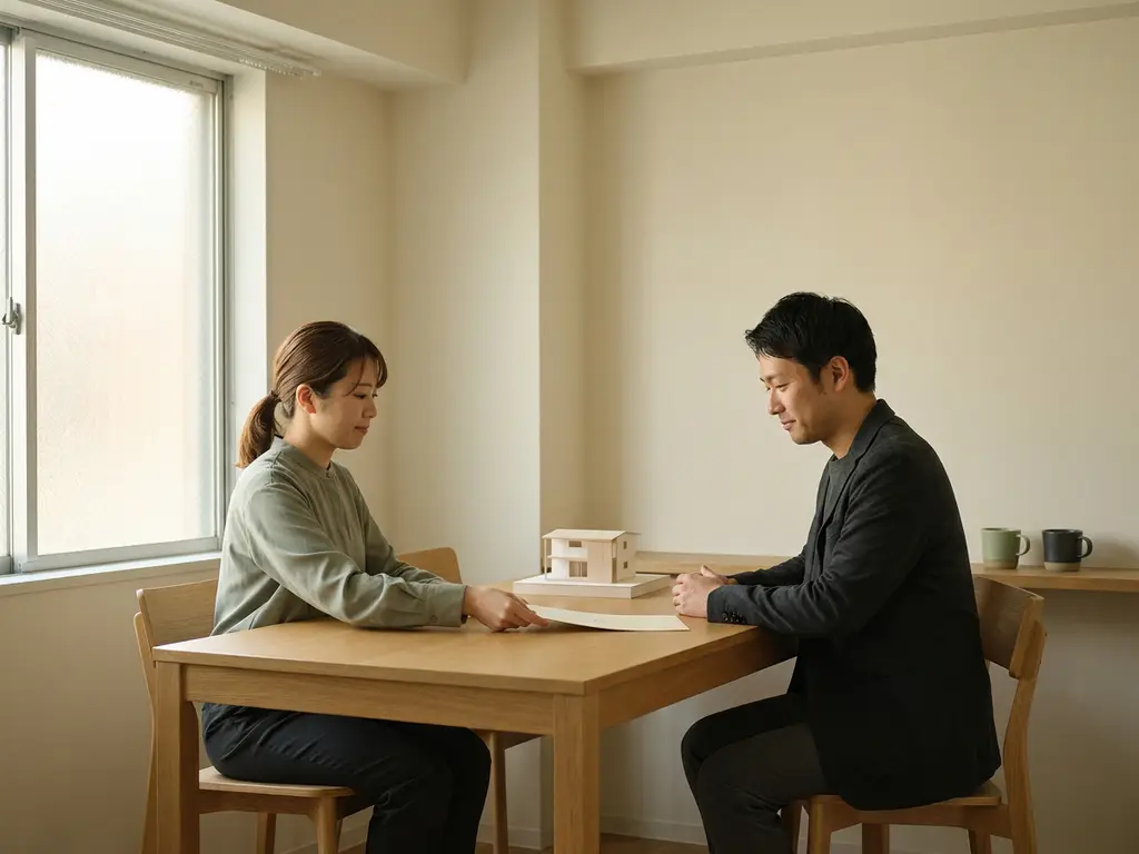 Twee professionals aan een eikenhouten tafel wisselen een document uit, met een architectuurmaquette als gezamenlijk referentiepunt.